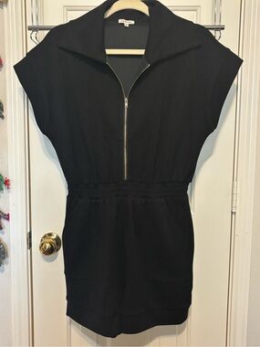 JODIFL Black Zip-Front Short Sleeve Romper with Elastic Waist